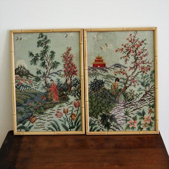 Vintage Other - ✨HP✨2 VTG Needlepoint Geisha Girls Bamboo Frame